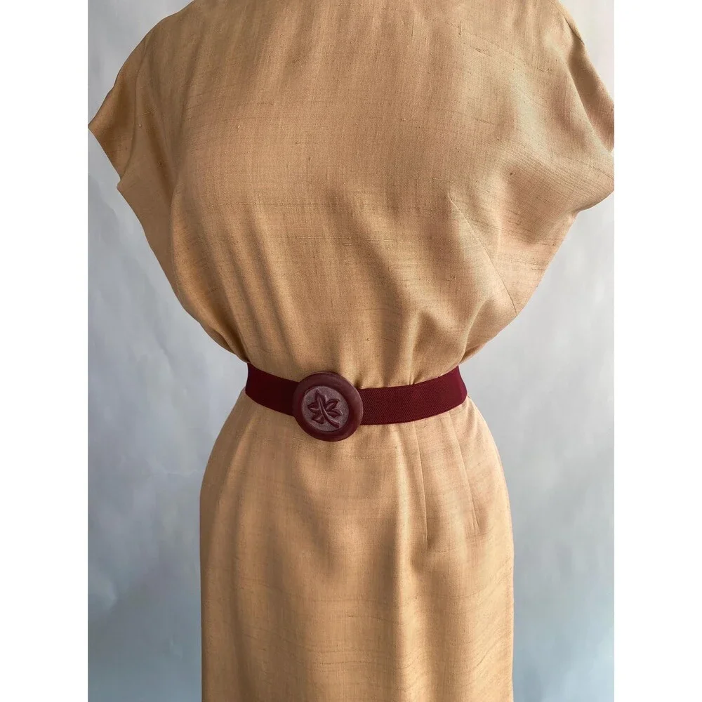 Vintage Oxblood Cinch Belt, Leaf Buckle, Stretches 22-30